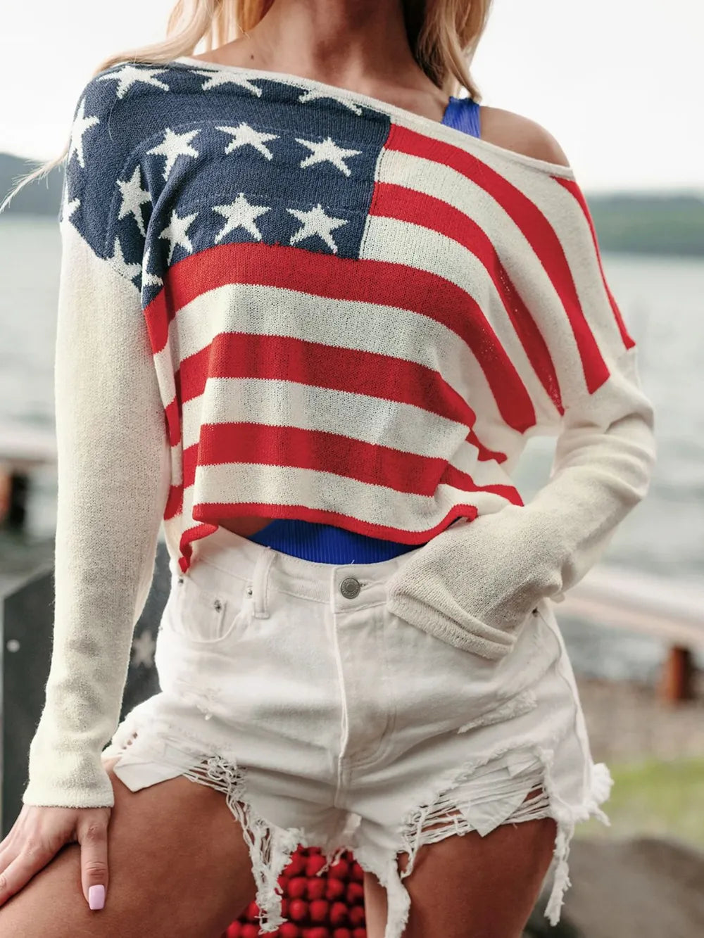 Long sleeve boat neck knit top with US flag design in acrylic fabric