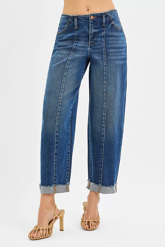 High-rise barrel cuffed jeans in stretch denim with raw hem and contrast stitching.