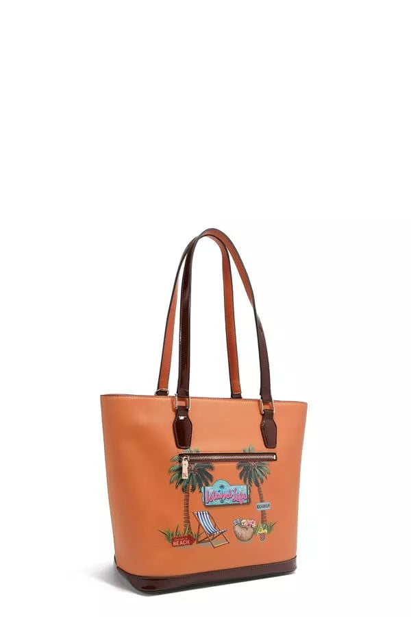 Orange vegan leather shopper bag with tropical beach house print, palms, hammock, and fruits.