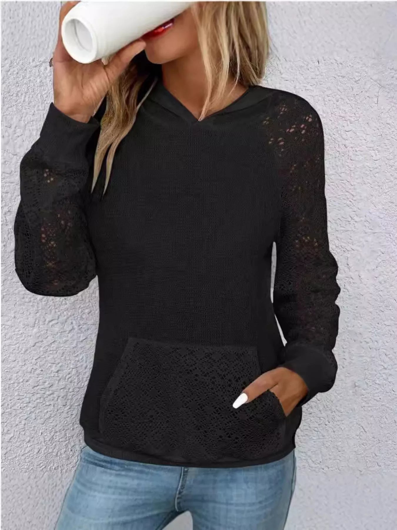 Lace sleeve hoodie with a kangaroo pocket in a stretchy polyester blend.