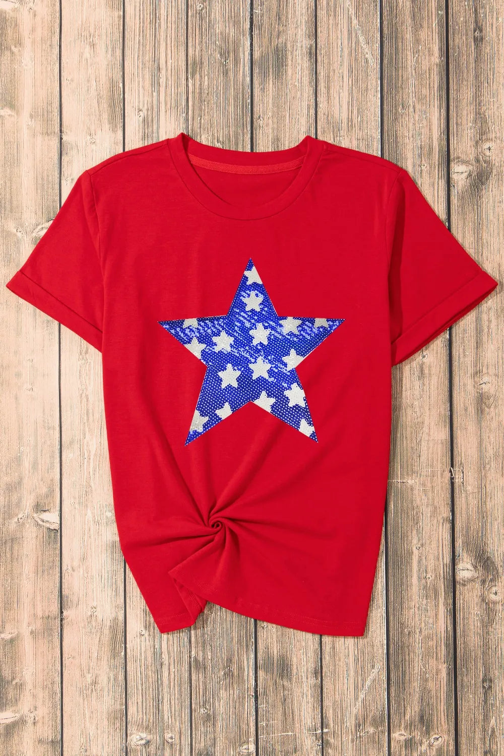 Short sleeve T-shirt with sequin star design and sheer stretch fabric in light color