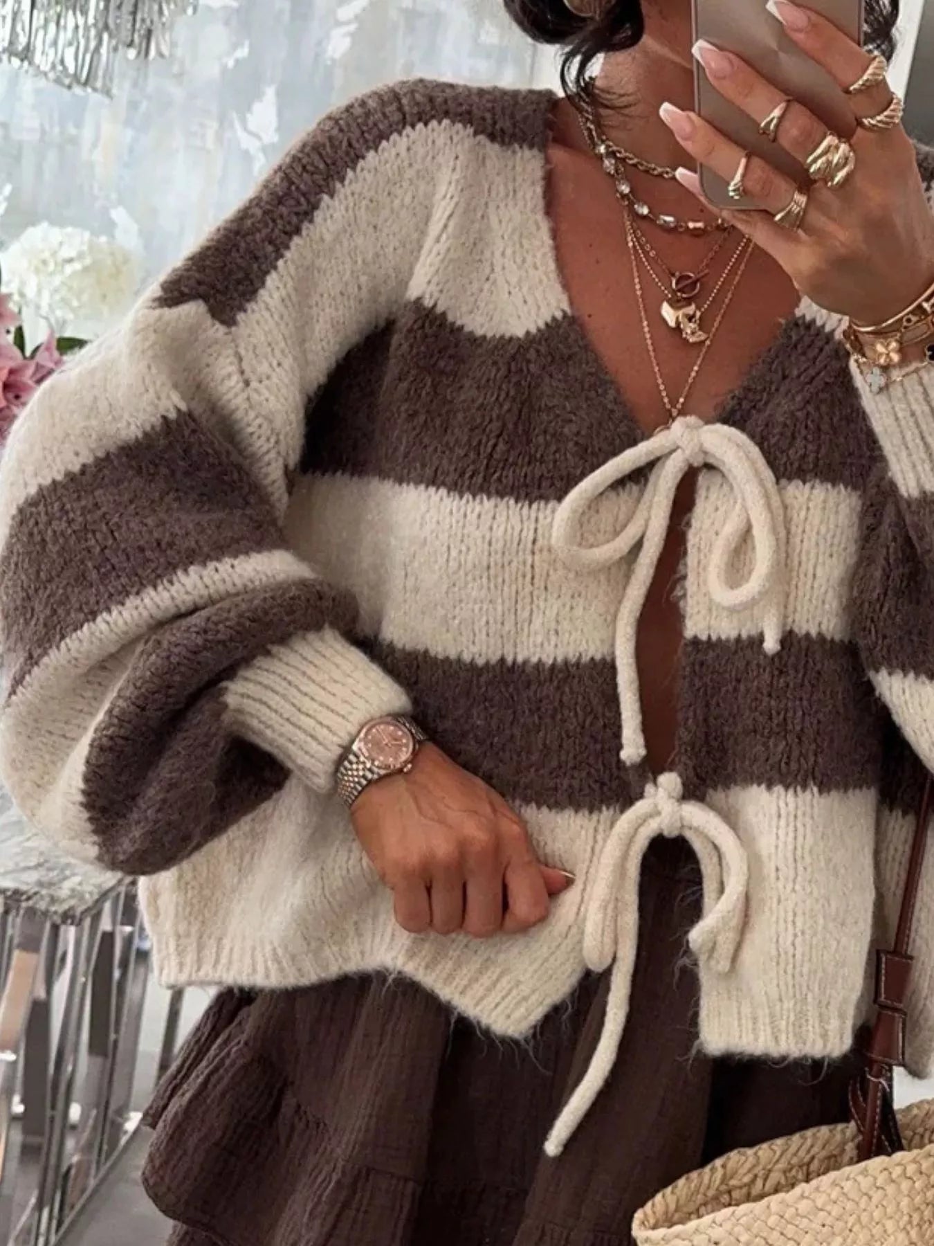 Striped knit cardigan with tie-front and long sleeves in polyester fabric