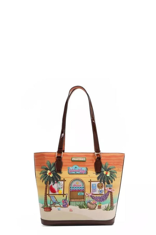 Nicole Lee USA Tropical Beach House Print Vegan Leather Shopper Bag with palm trees, hammock, and beach house design.