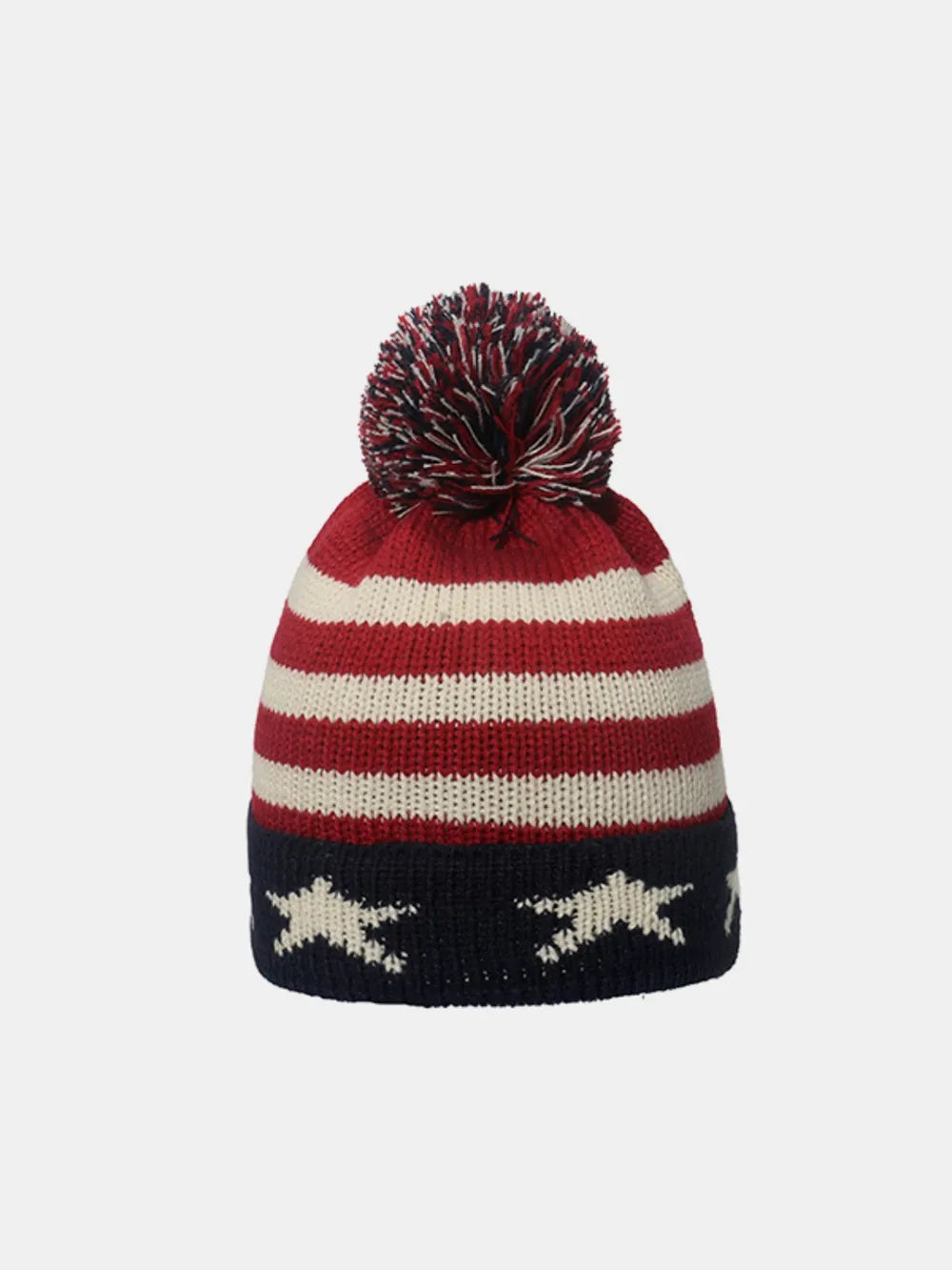 Acrylic blend knit hat featuring a roll rim design with the US flag pattern.