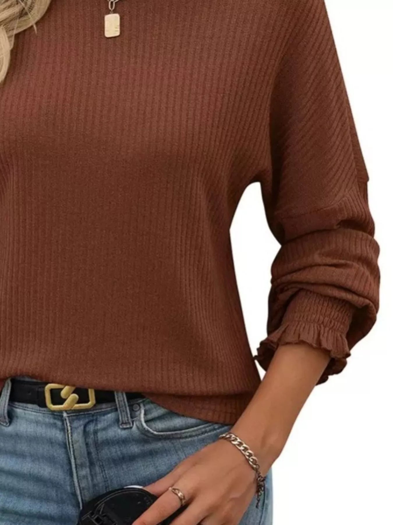 Ribbed knit long sleeve T-shirt in stretchy polyester blend with fitted silhouette