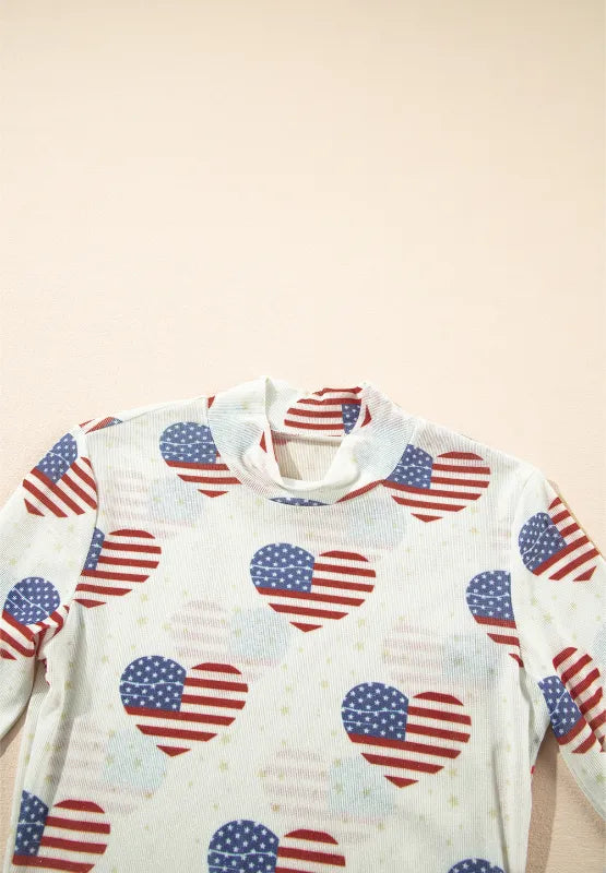 Sheer long sleeve bodysuit with US flag heart design and mock neck in black mesh fabric