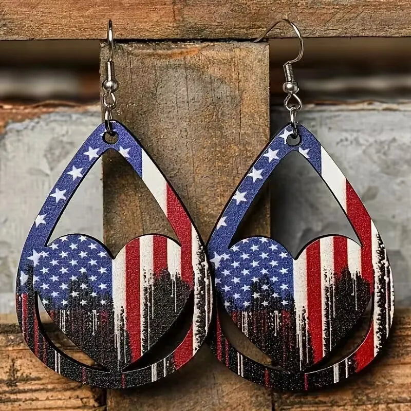 Wooden earrings featuring a US flag pattern made of alloy and wood.