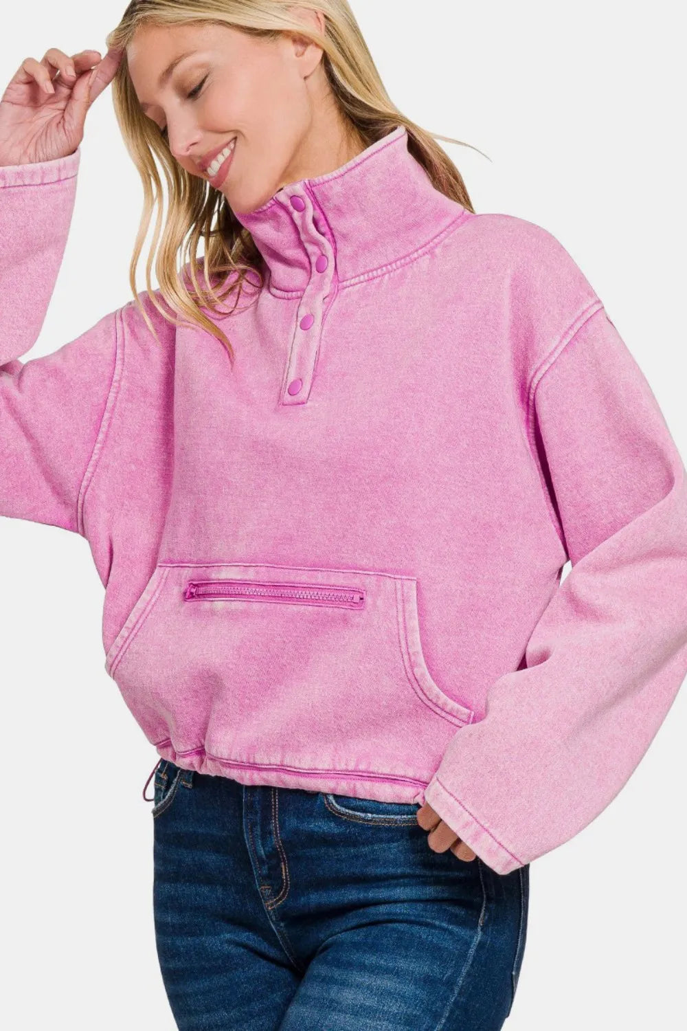Zenana acid wash fleece half snap sweatshirt in pink with kangaroo pocket.