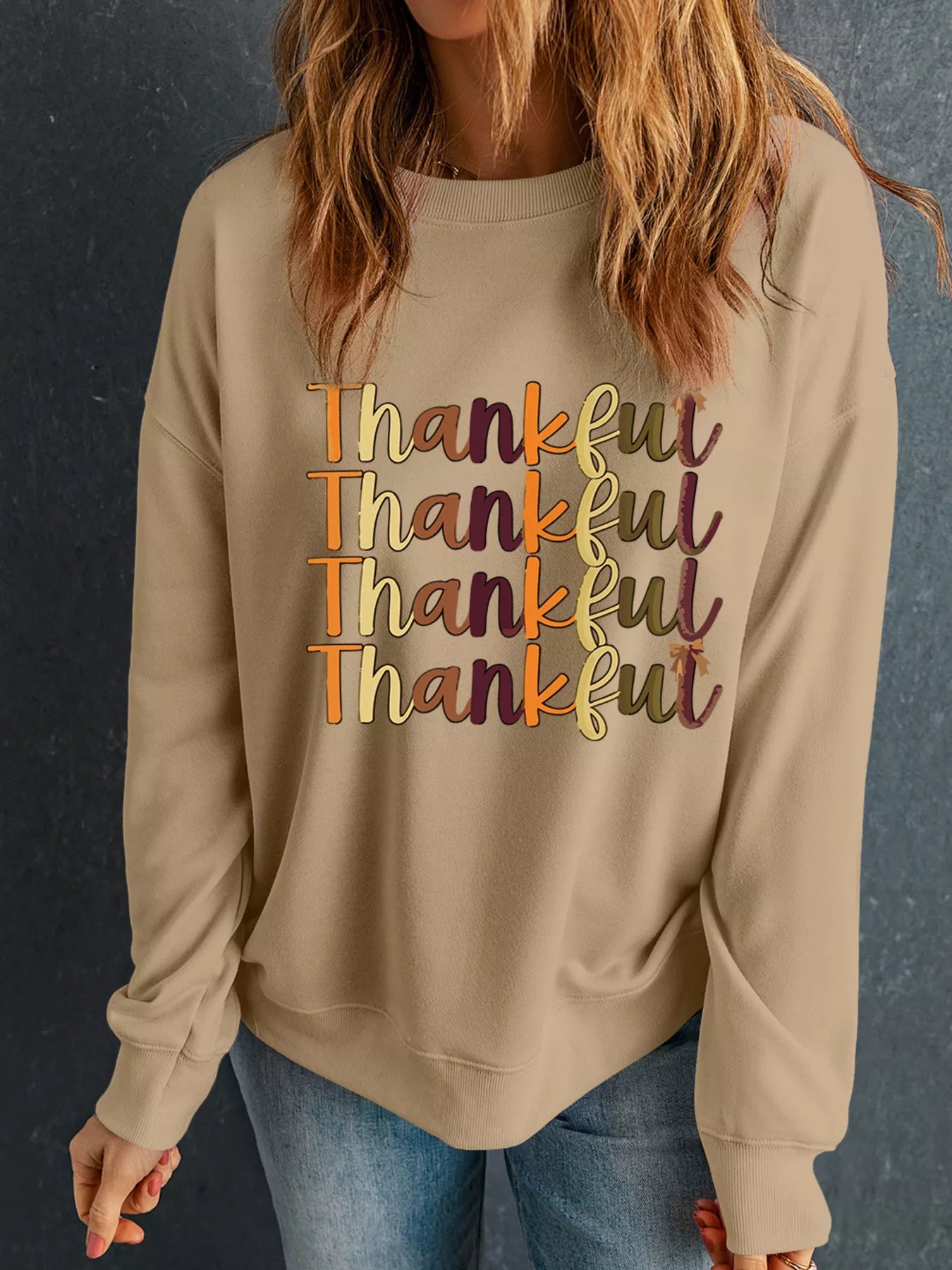 Trendsi Thankful drop shoulder sweatshirt in cotton-polyester blend with casual fit and long sleeves