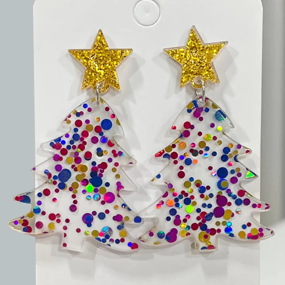Pair of festive acrylic dangle earrings featuring Christmas trees with multicolored glitter.