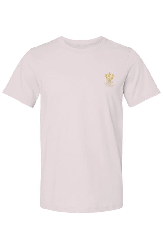 Light pink unisex Bella Canvas T-shirt with gold crown emblem on chest.