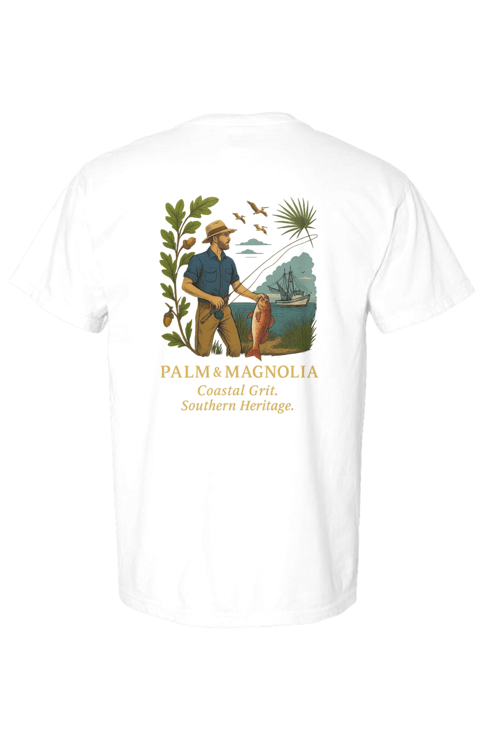White Comfort Colors heavyweight T-shirt with back print of a fisherman in coastal scene and "Palm Magnolia Coastal Grit Southern Heritage" text.