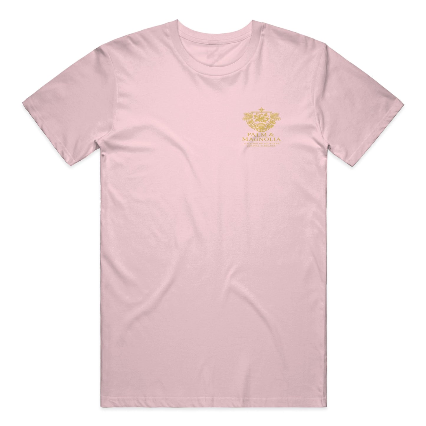 Pink Bella Canvas T-shirt with gold embroidered magnolia blossom on chest.