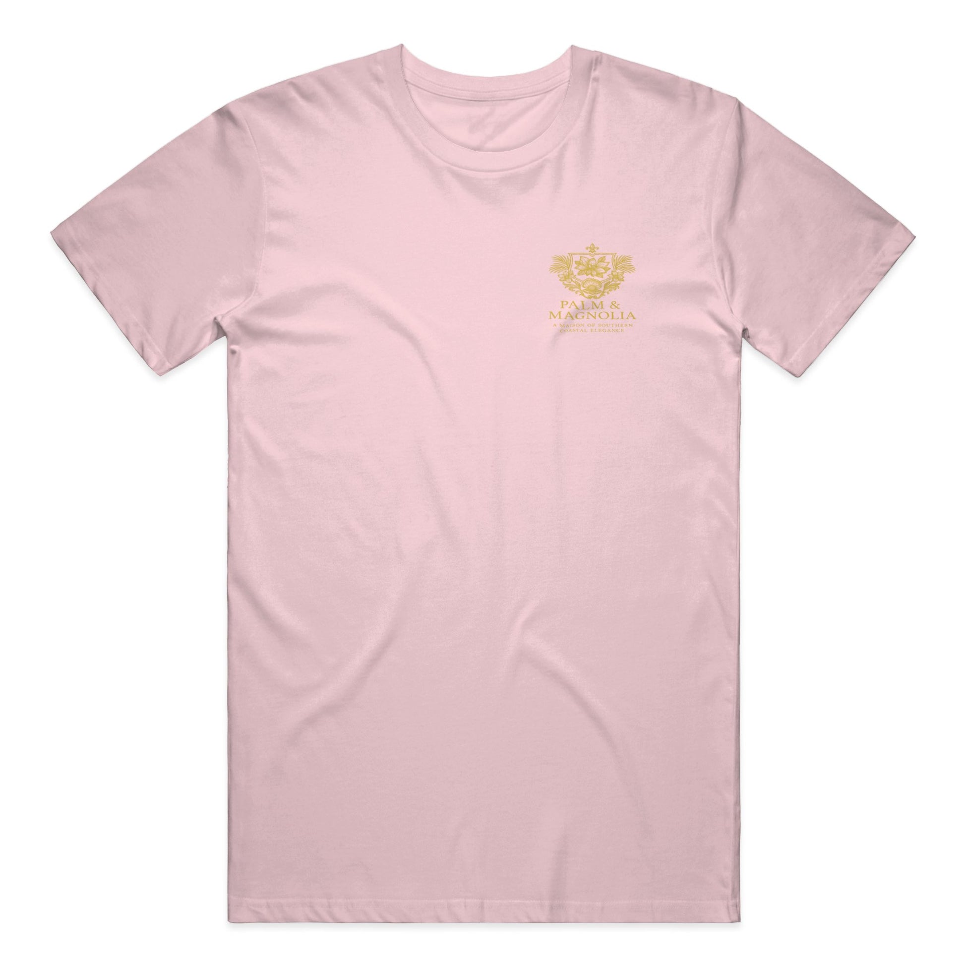 Pink Bella Canvas T-shirt with gold embroidered magnolia blossom on chest.