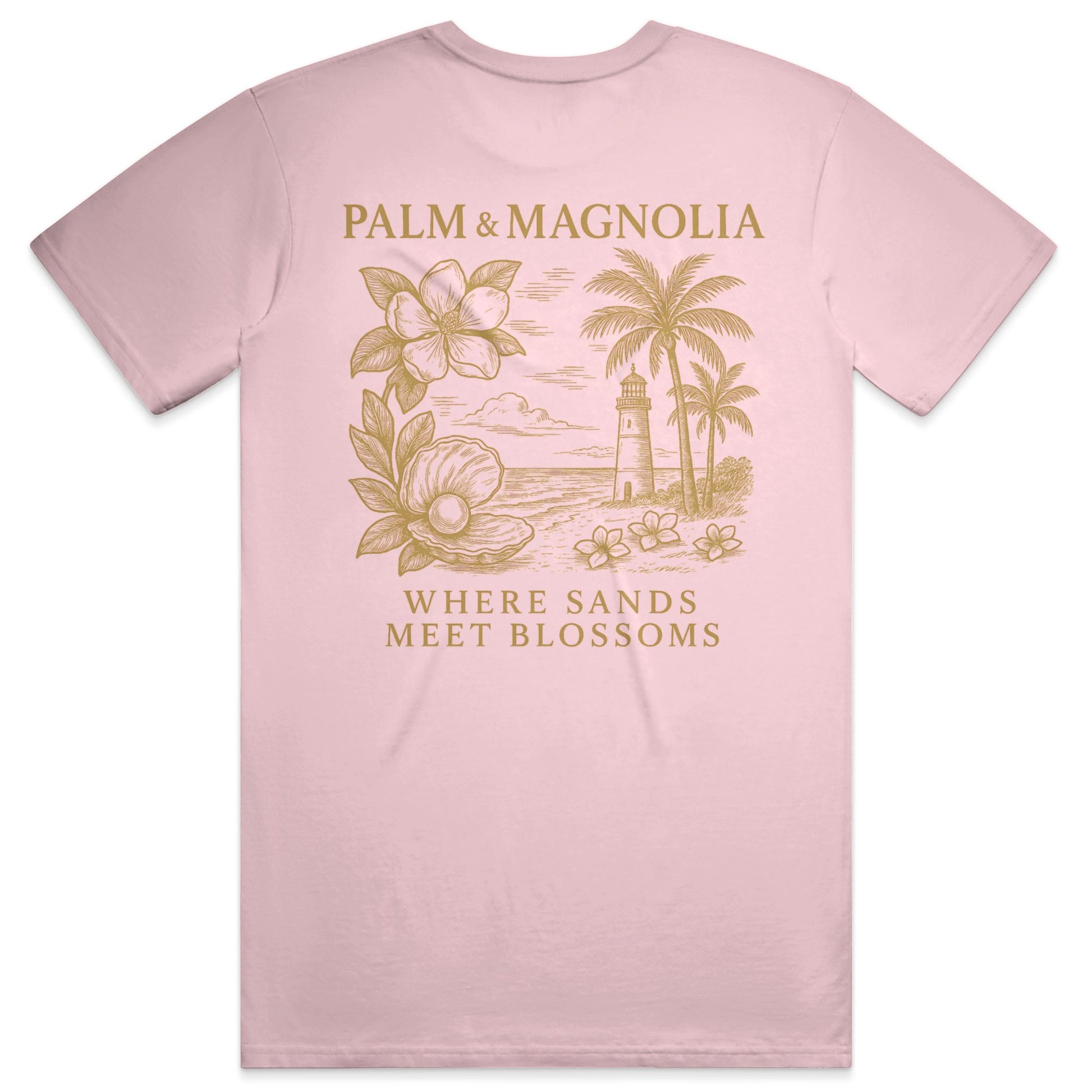 Pink Bella Canvas T-shirt with back embroidery of palm trees, lighthouse, magnolia blossoms, and "Where sands meet blossoms" text.