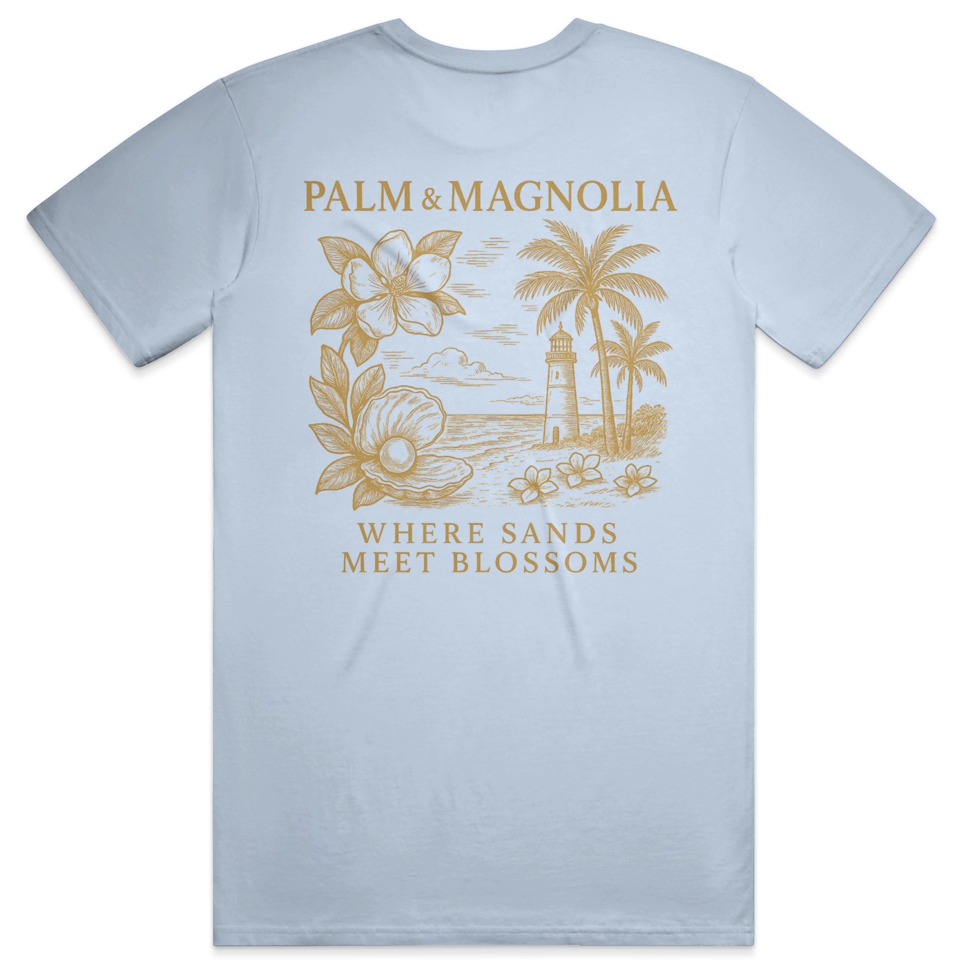 Light blue Bella Canvas T-shirt with gold beach and magnolia print on back.