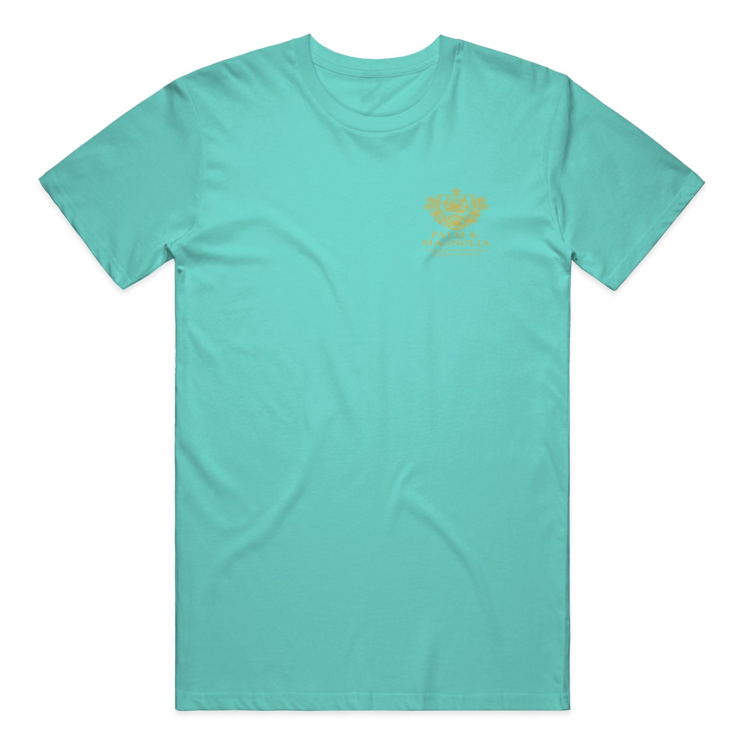 Pink Bella Canvas T-shirt with embroidered magnolia blossom.