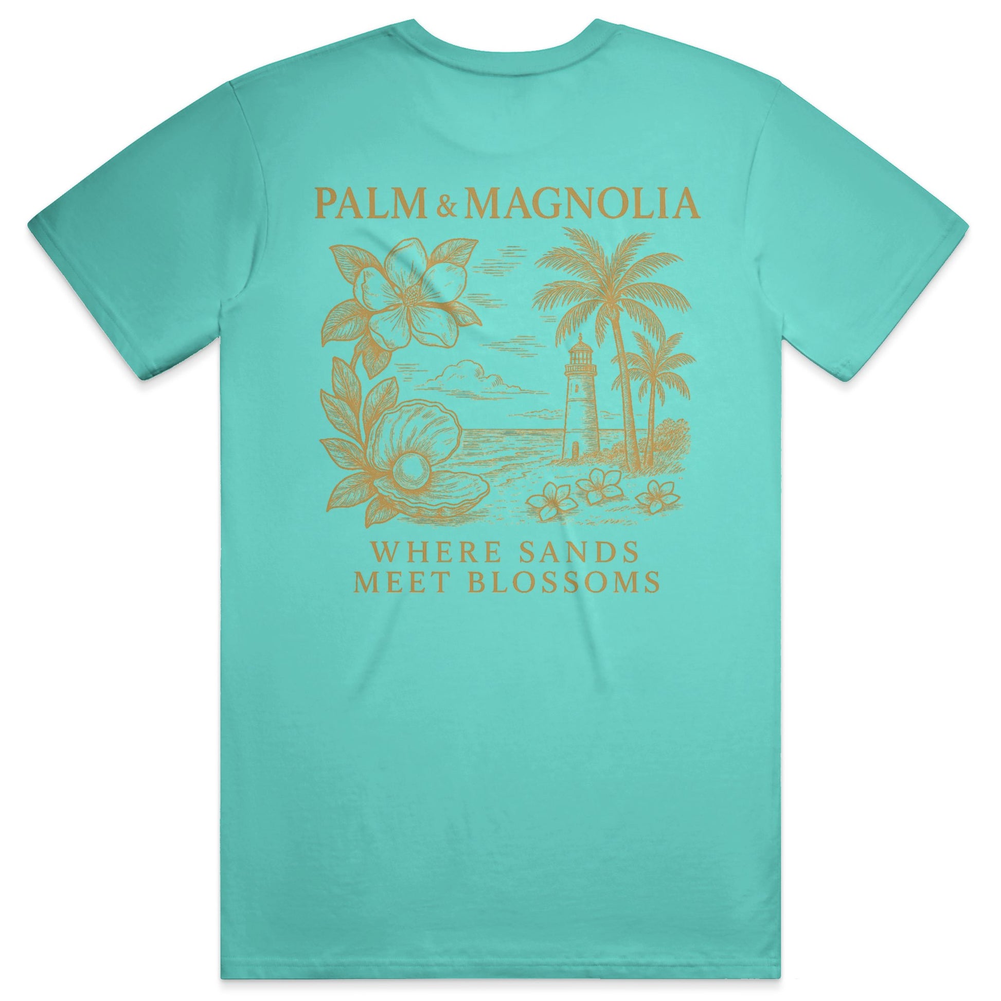 Teal Bella Canvas T-shirt with gold palm and magnolia print on back.