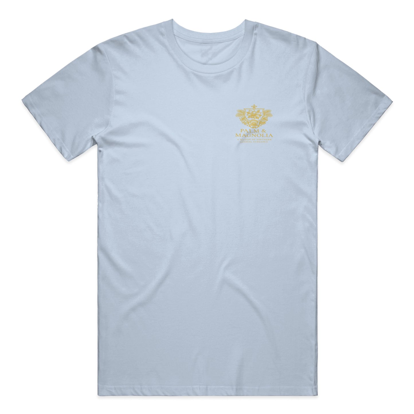 Light blue Bella Canvas t-shirt with gold embroidered magnolia blossom on chest.