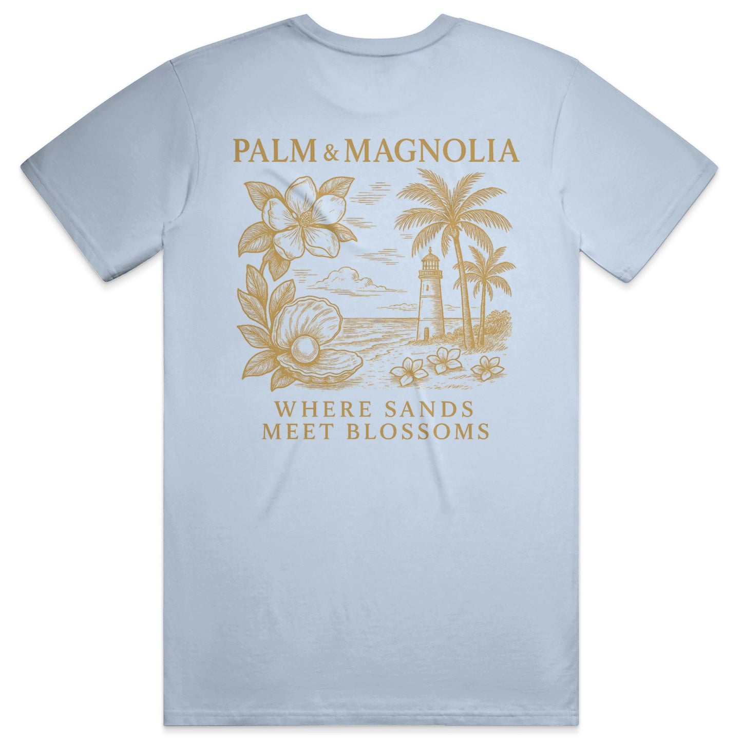 Light blue Bella Canvas T-shirt with gold beach and magnolia print on back.