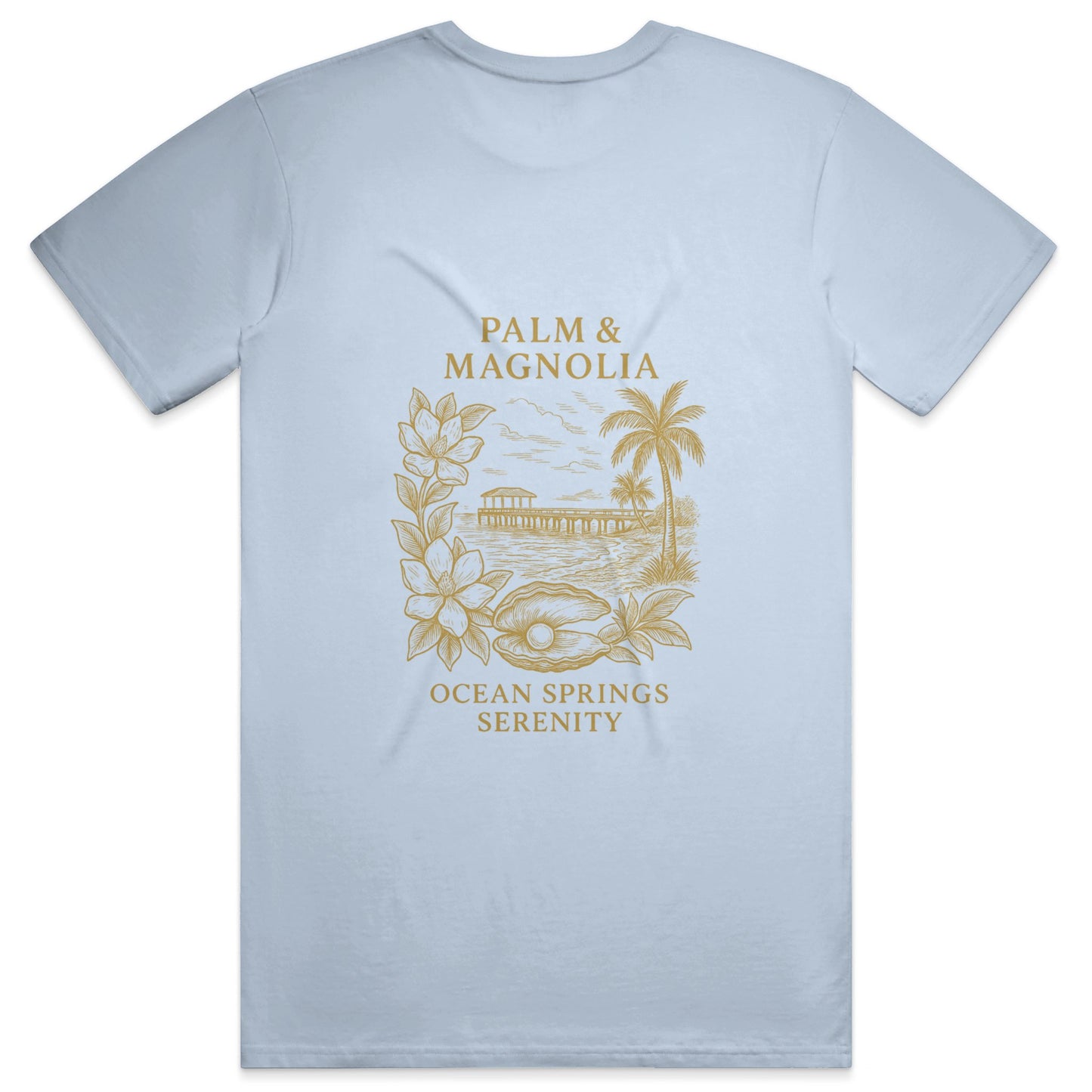Light blue unisex tee with gold Palm & Magnolia Ocean Springs Serenity design.