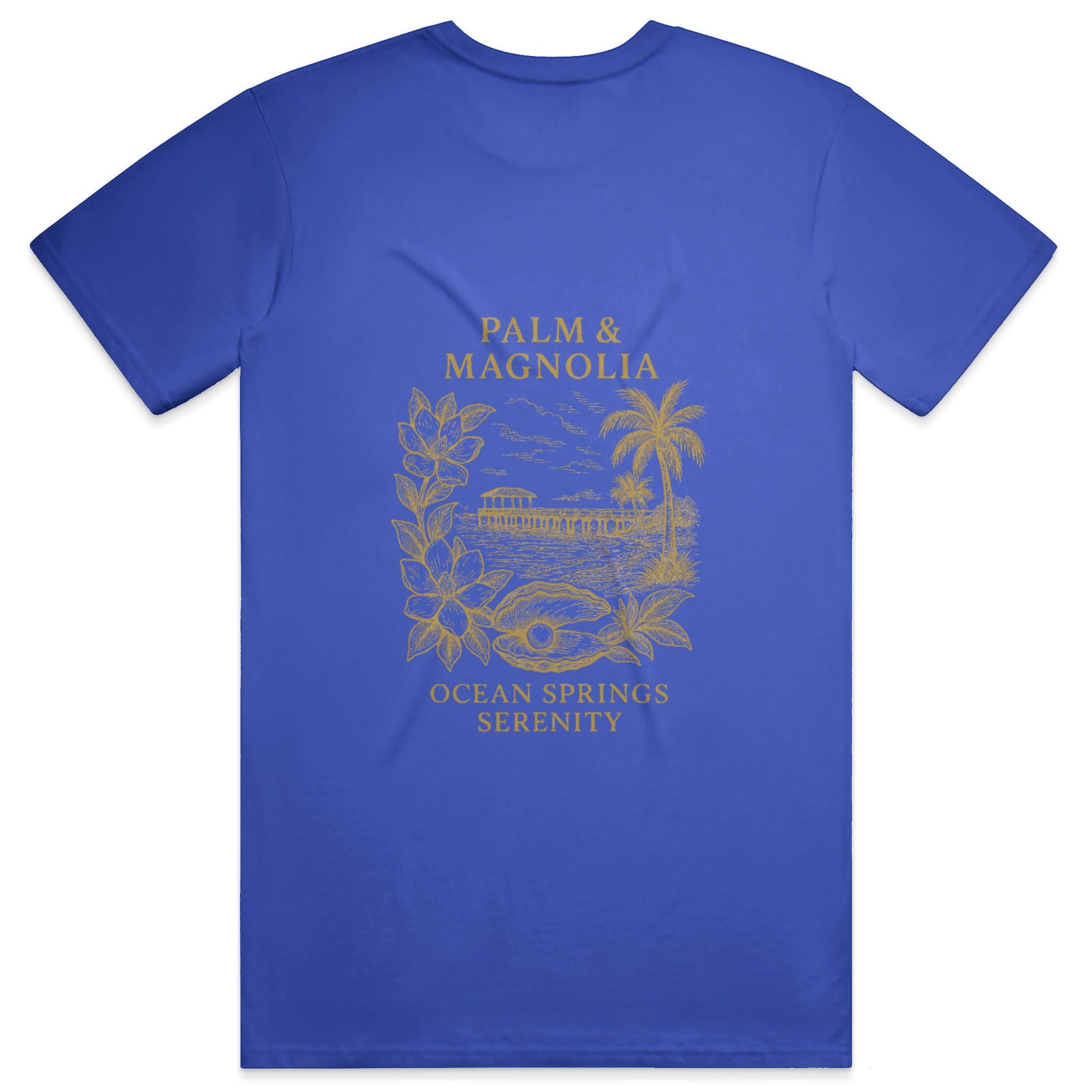Blue unisex tee with gold Palm & Magnolia Ocean Springs Serenity design.