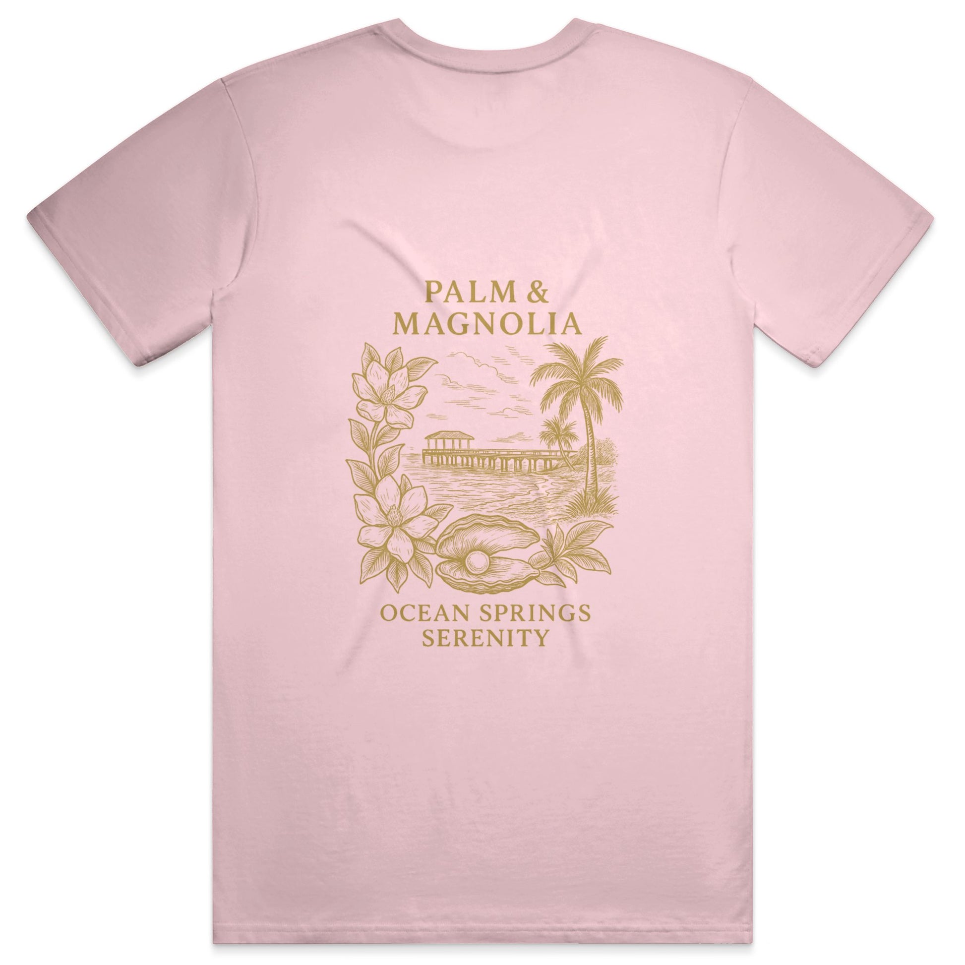 Pink unisex tee with gold Palm & Magnolia Ocean Springs Serenity design on back.