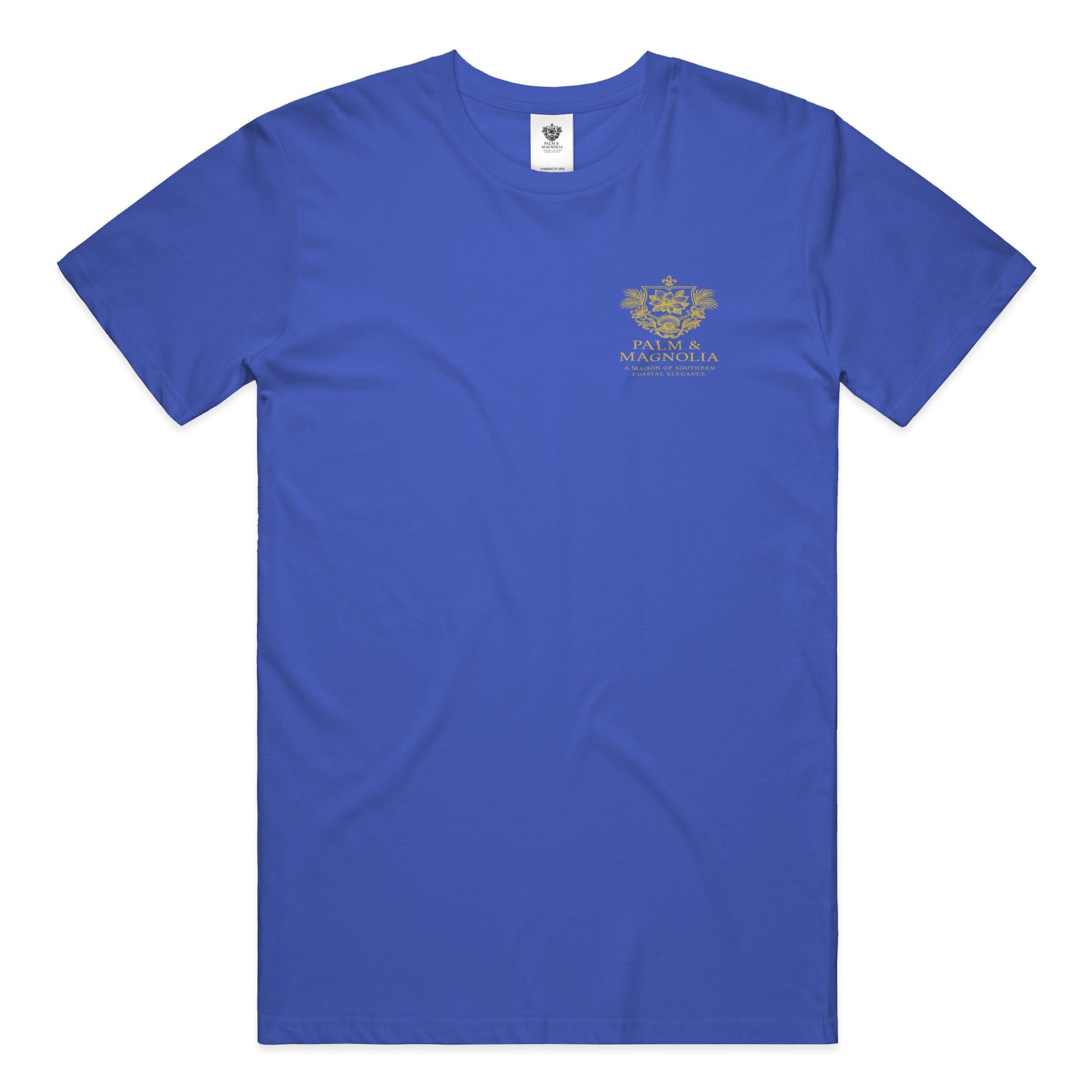 Blue unisex ring-spun cotton tee with gold Ocean Springs Serenity emblem.
