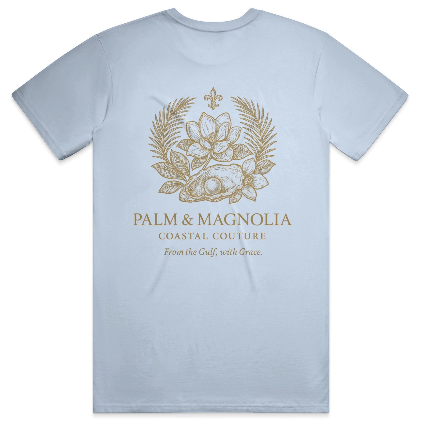 Light blue unisex ring-spun cotton tee with gold Palm & Magnolia crest on back.