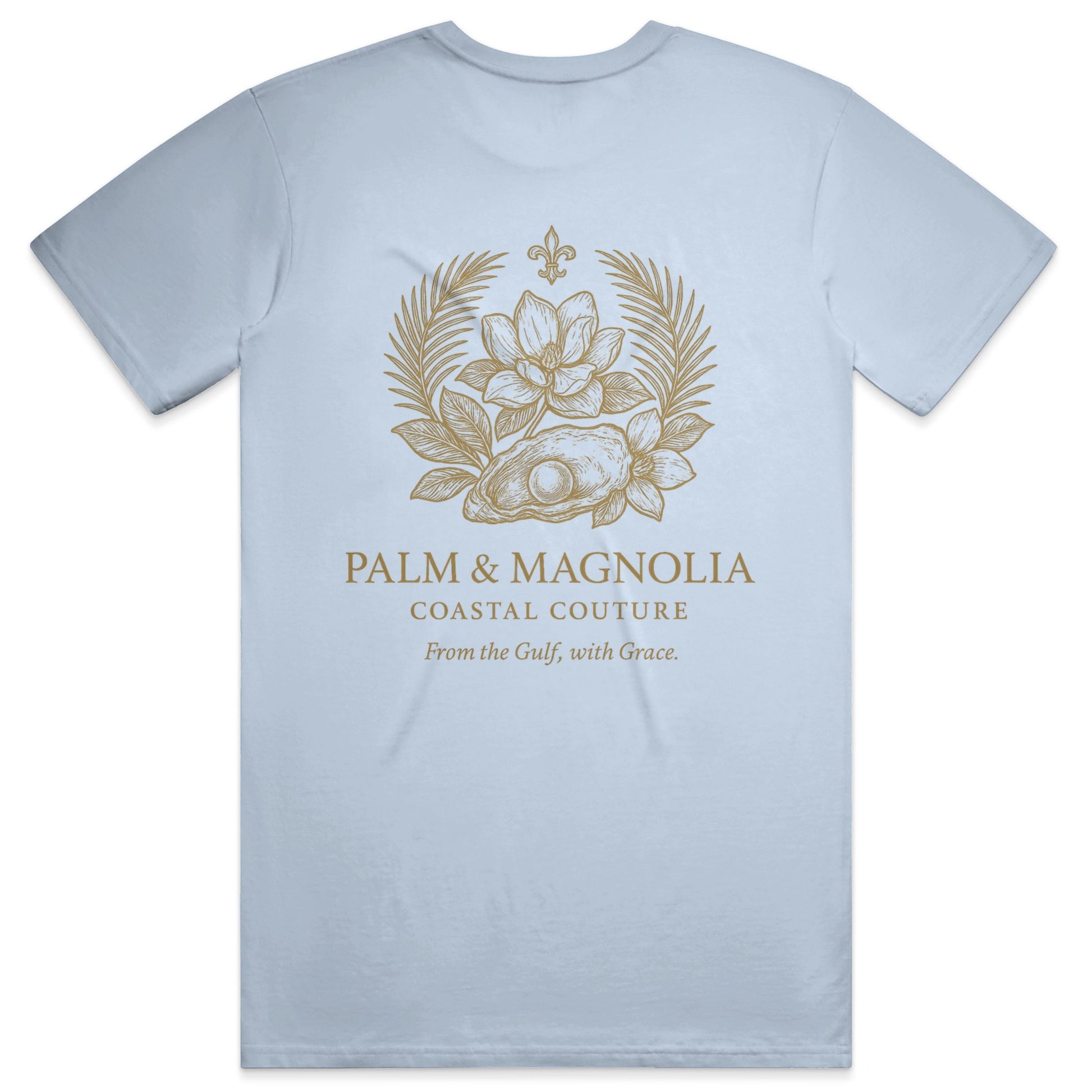 Light blue unisex ring-spun cotton tee with gold Palm & Magnolia crest on back.