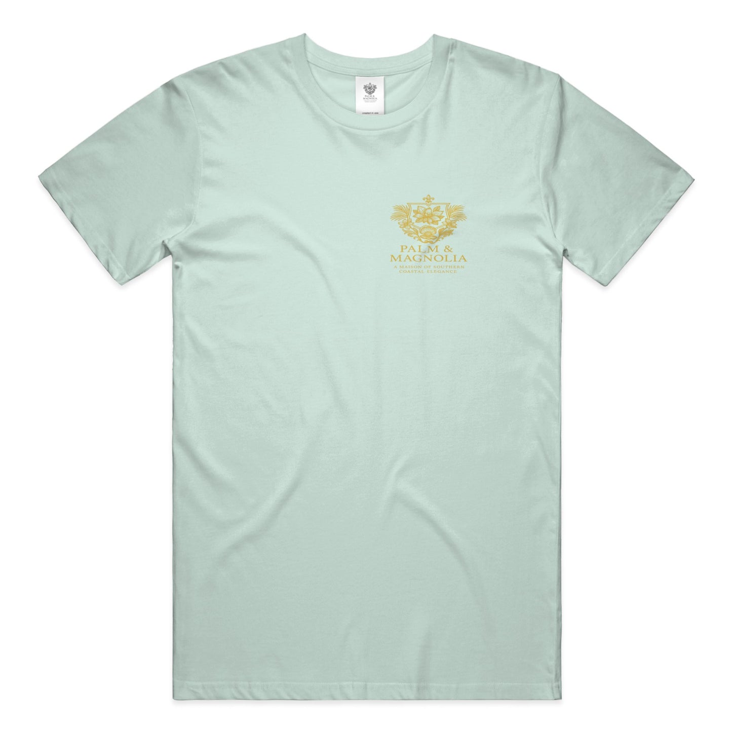 Light green unisex ring-spun cotton tee with gold Palm & Magnolia crest.