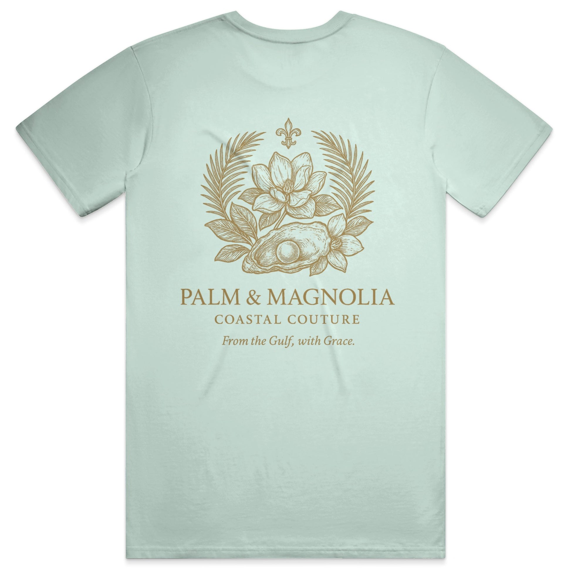 Back view of a light green unisex tee with gold crest of magnolias, palms, and oyster.