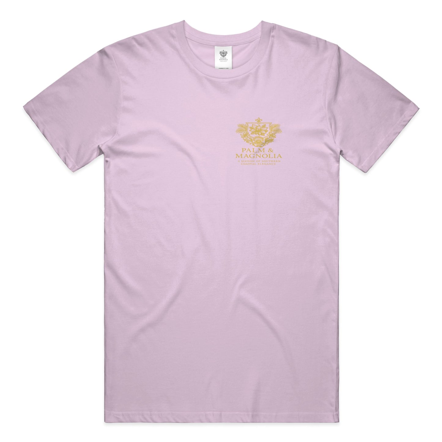 Light pink unisex ring-spun cotton tee with gold Palm & Magnolia crest.