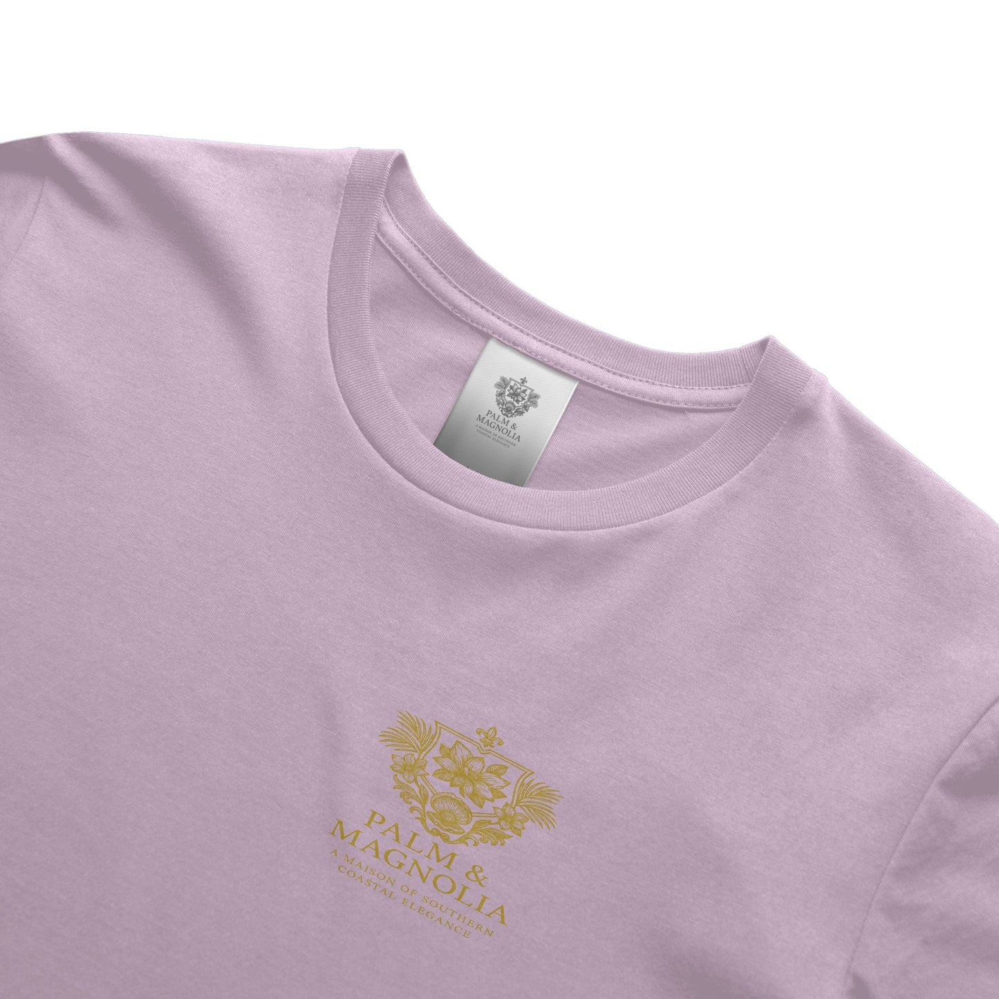 Light pink unisex ring-spun cotton tee with gold Palm & Magnolia crest.