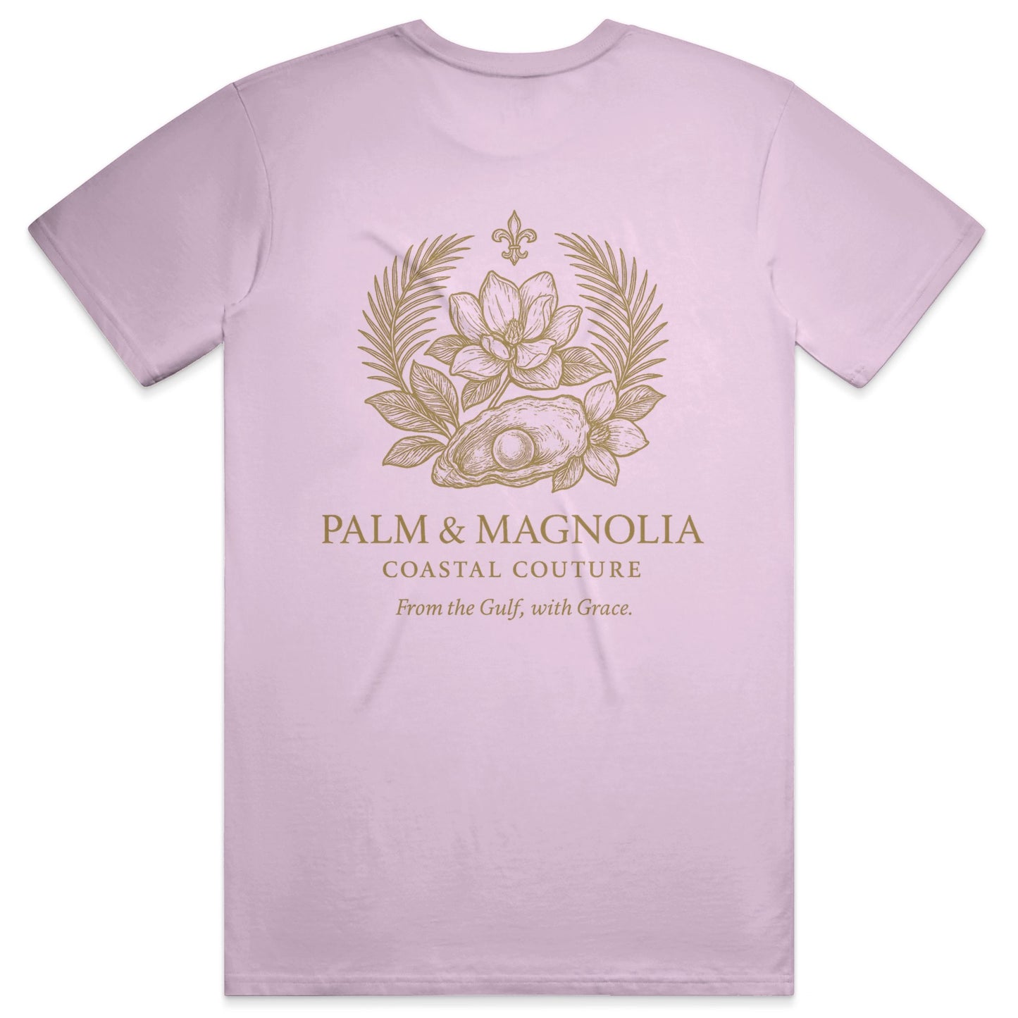 Back view of pink Palm & Magnolia Gulf Coast unisex tee with gold crest of magnolias, palms, and oyster.