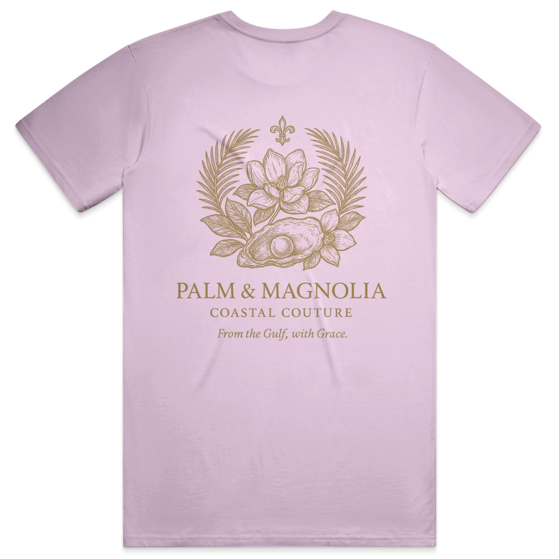 Back view of pink Palm & Magnolia Gulf Coast unisex tee with gold crest of magnolias, palms, and oyster.
