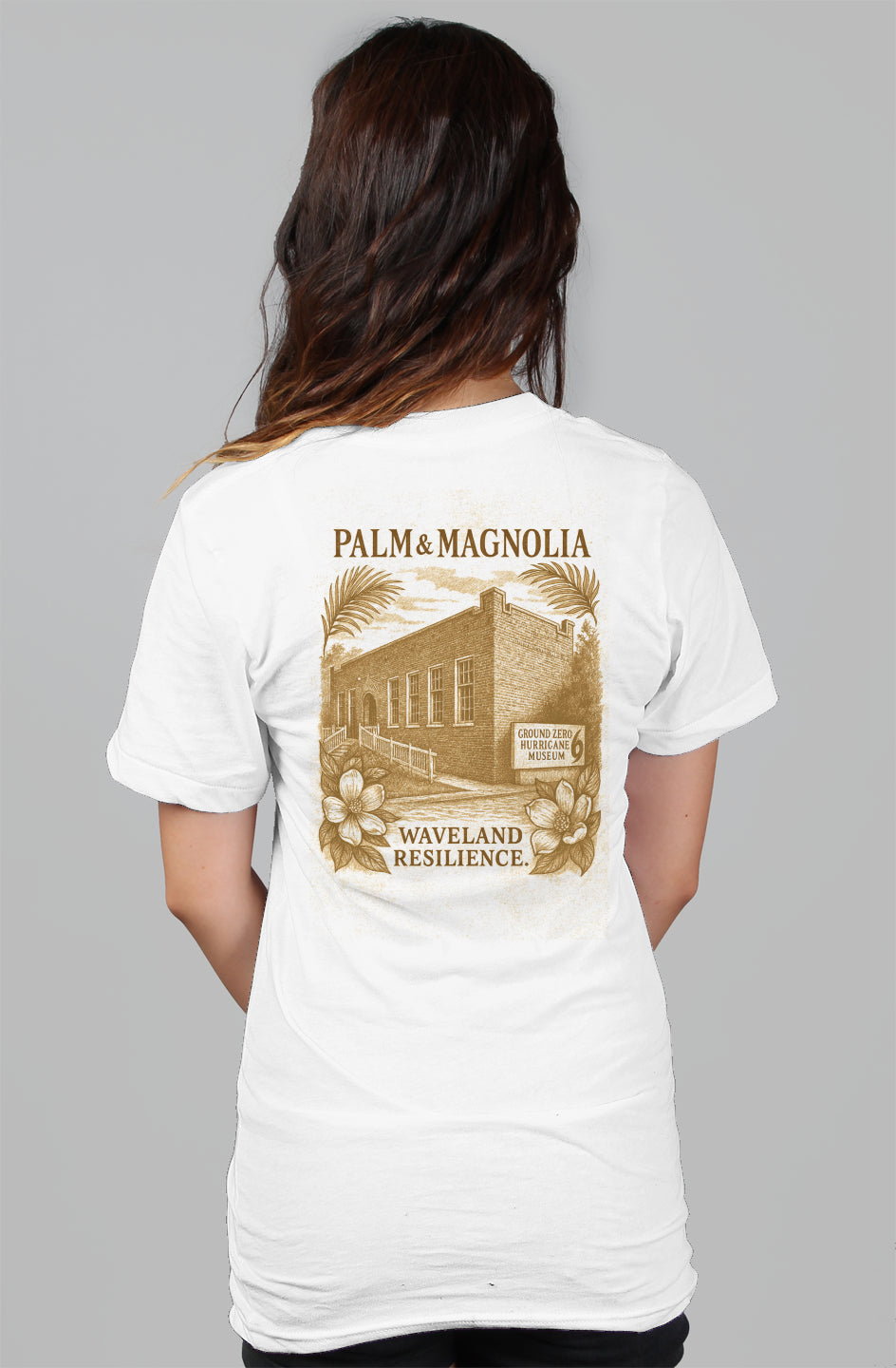 Back view of a white women's relaxed tee with Waveland Resilience print.