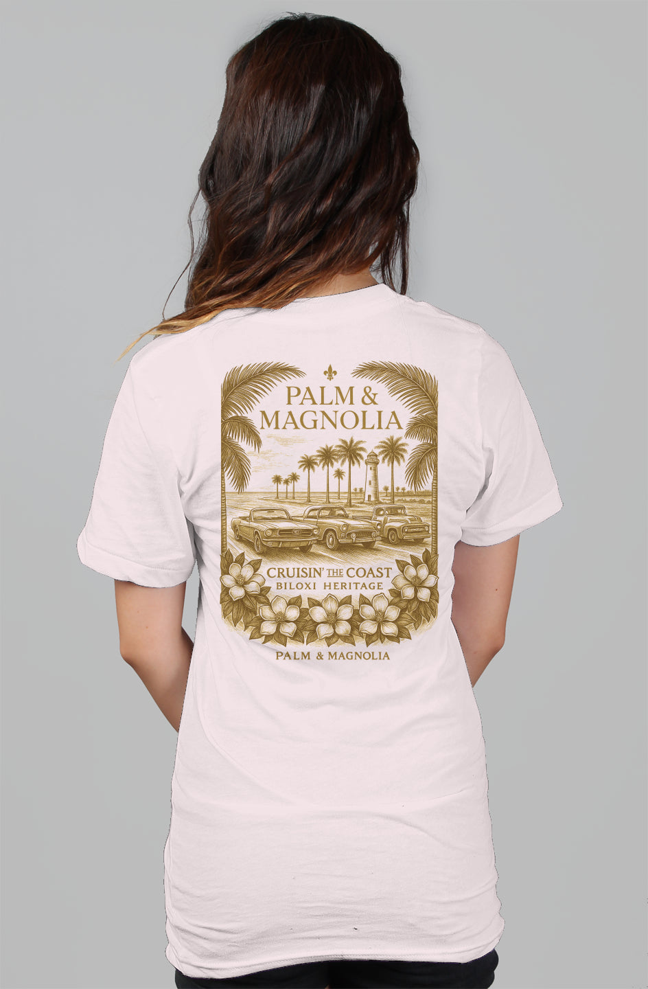 Back view of white women's relaxed tee with gold Palm & Magnolia coastal print.