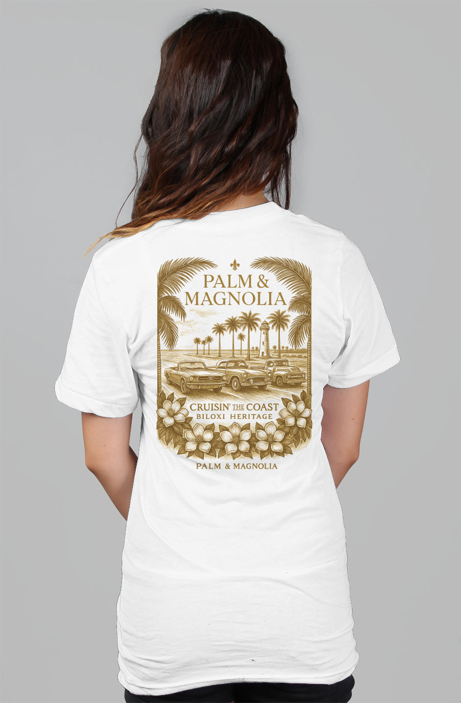 Back view of white women's relaxed tee with gold Palm & Magnolia cruise design.