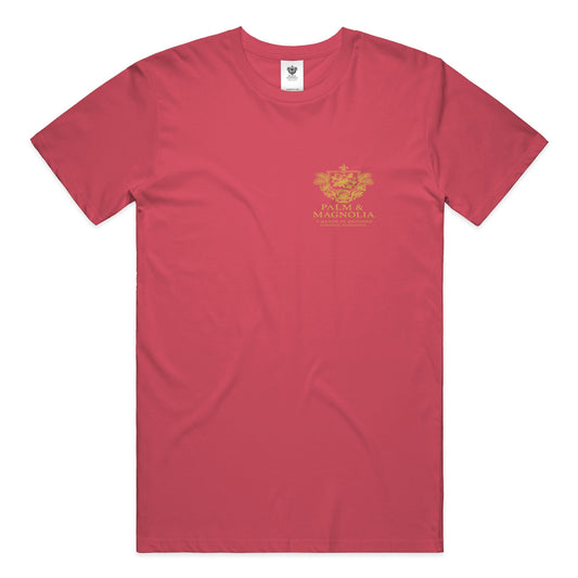Red heavyweight Comfort Colors T-shirt with gold Coastal Companions Bayou La Batre print.