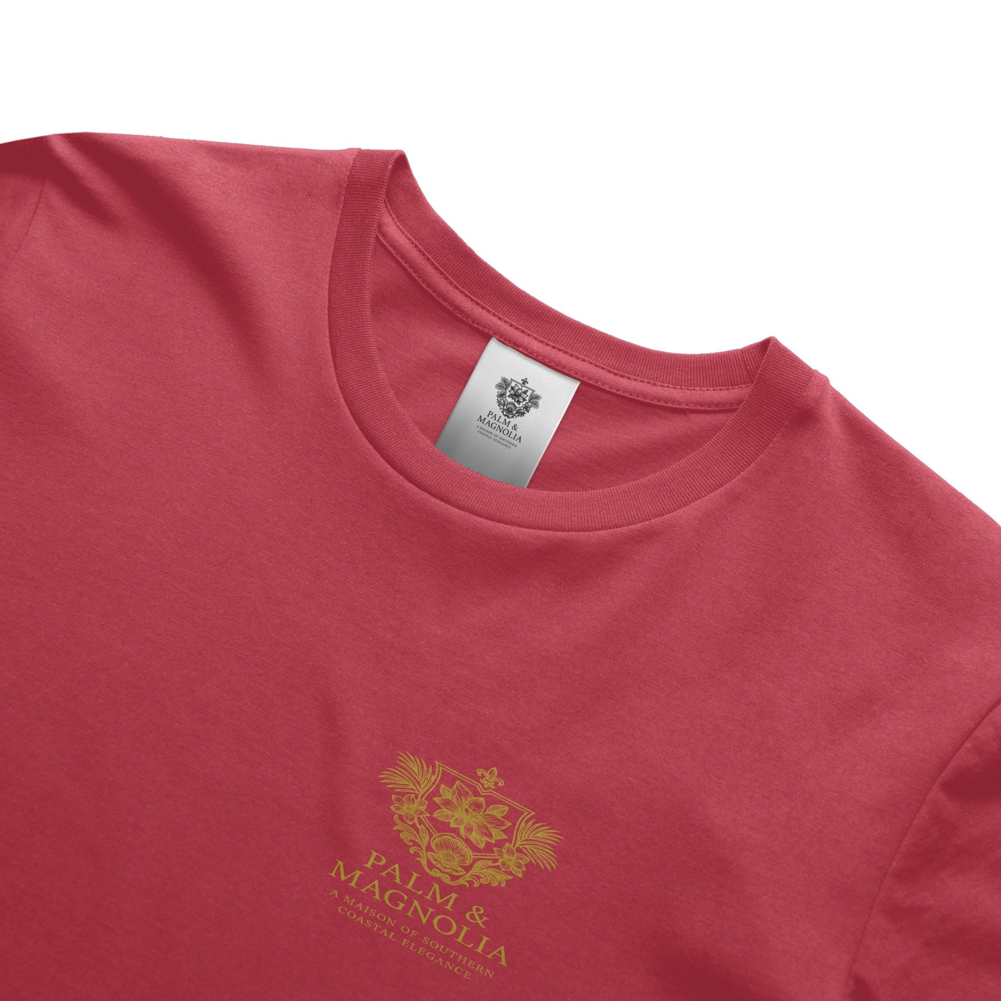Red heavyweight Comfort Colors T-shirt with Coastal Companions Bayou La Batre gold logo on chest.