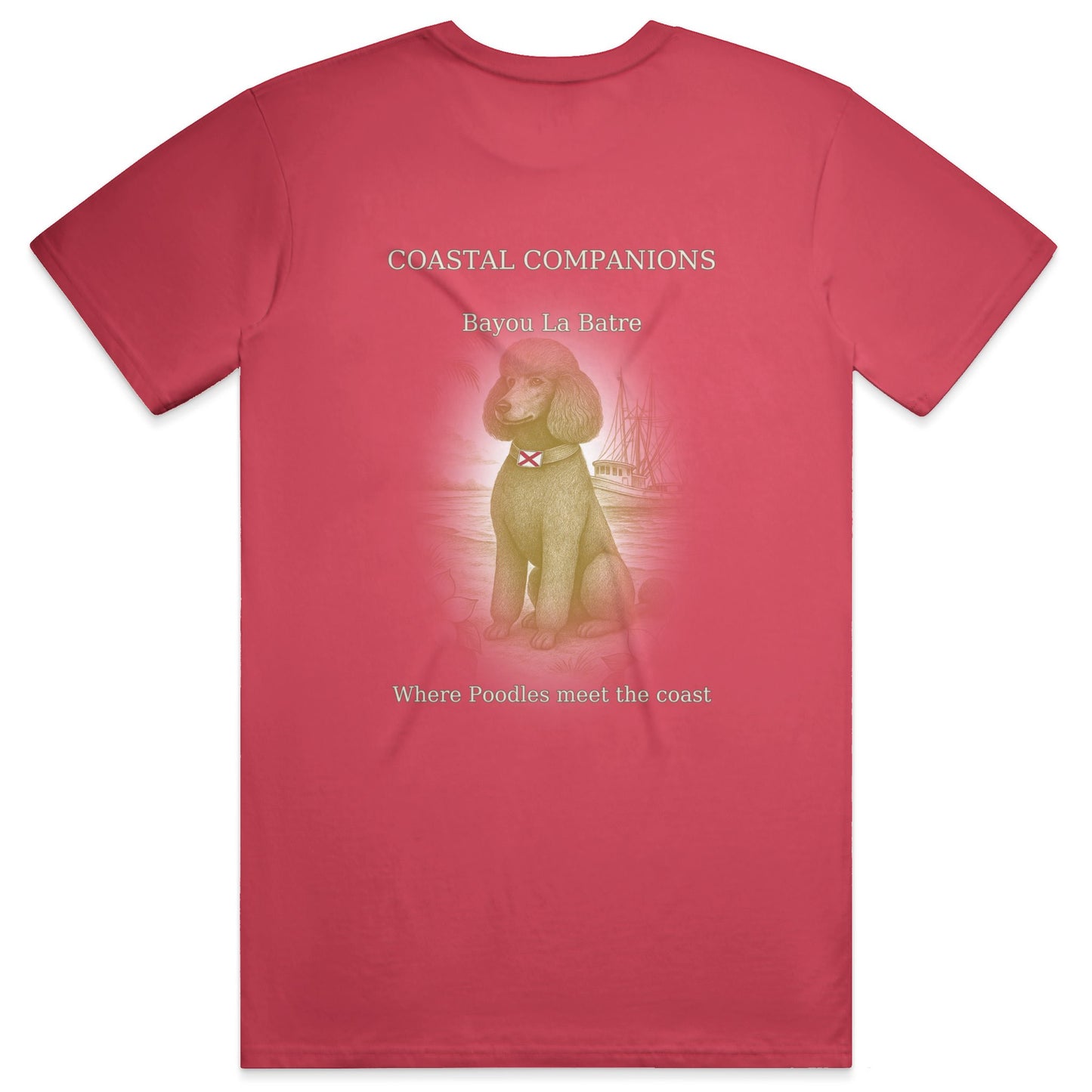 Red Comfort Colors heavyweight T-shirt with Coastal Companions Bayou La Batre poodle print on back.