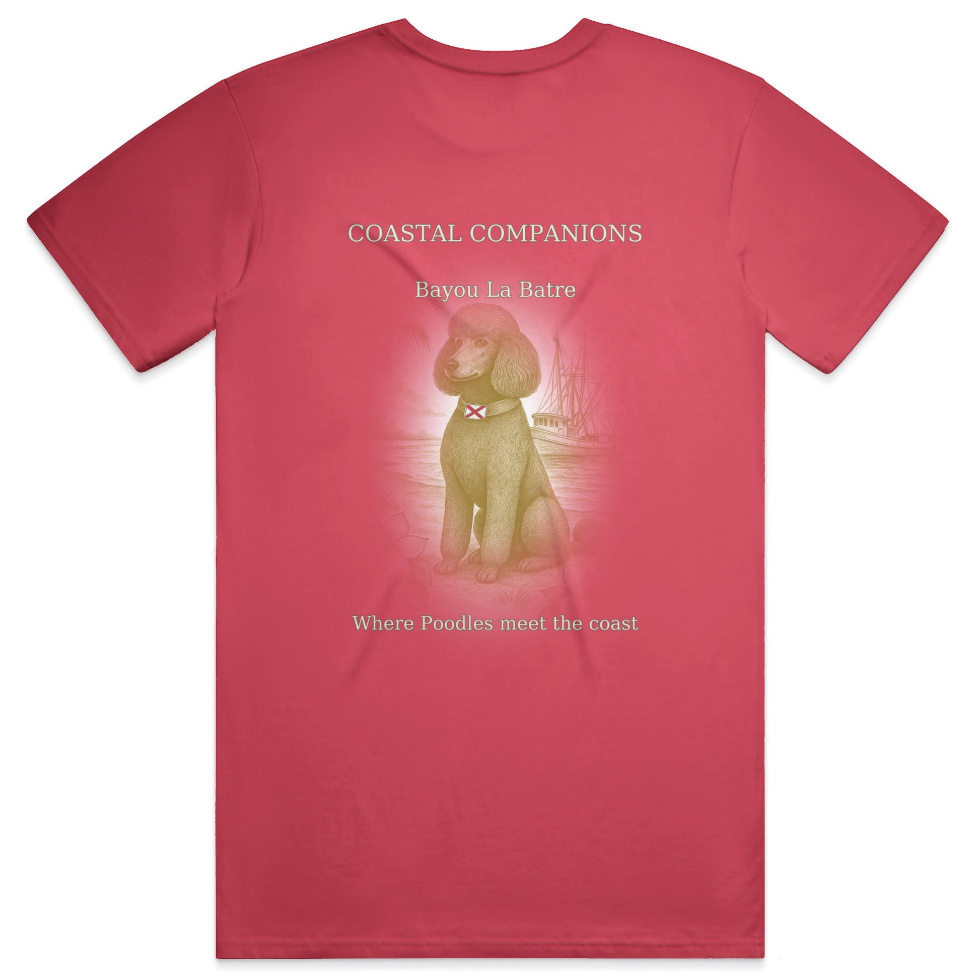 Red Comfort Colors heavyweight T-shirt with Coastal Companions Bayou La Batre poodle print on back.