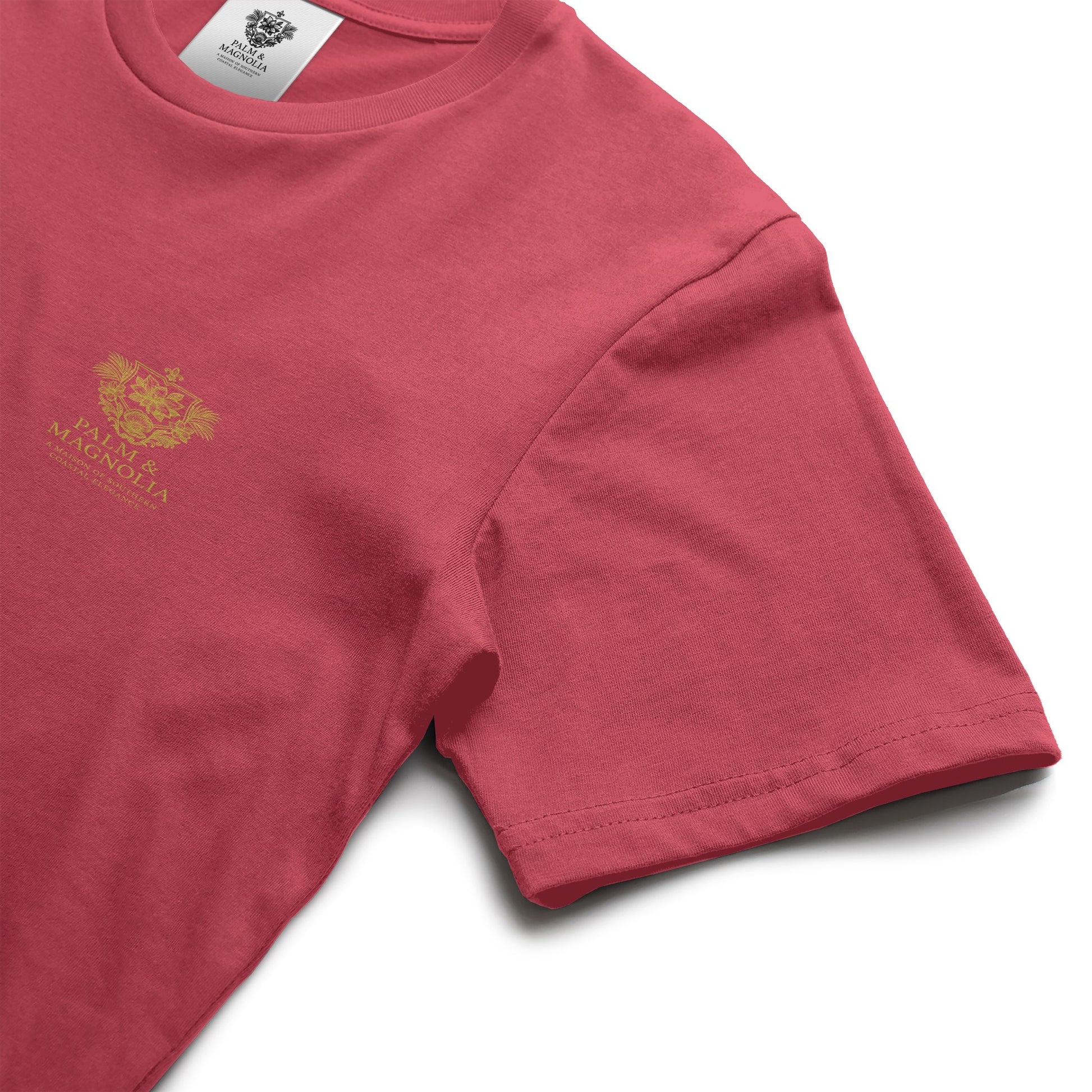 Red heavyweight Comfort Colors T-shirt with gold Bayou La Batre logo on chest.