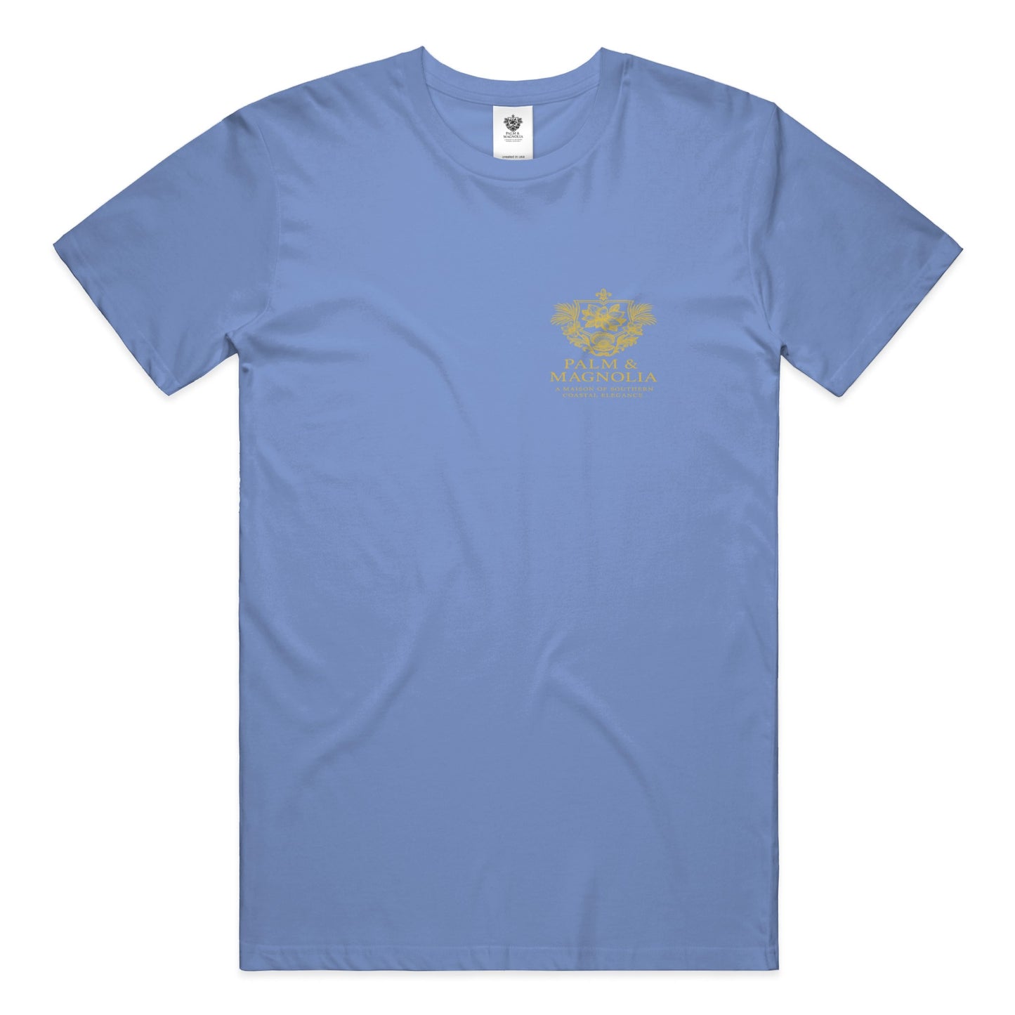Light blue heavyweight Comfort Colors T-shirt with gold Coastal Companions Bayou La Batre logo.