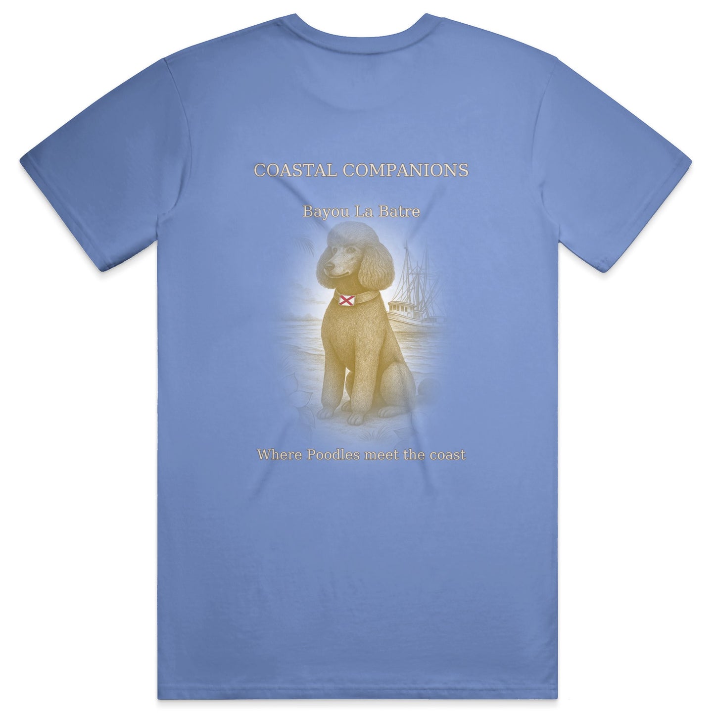 Light blue heavyweight T-shirt with Coastal Companions design featuring a poodle and Bayou La Batre text.