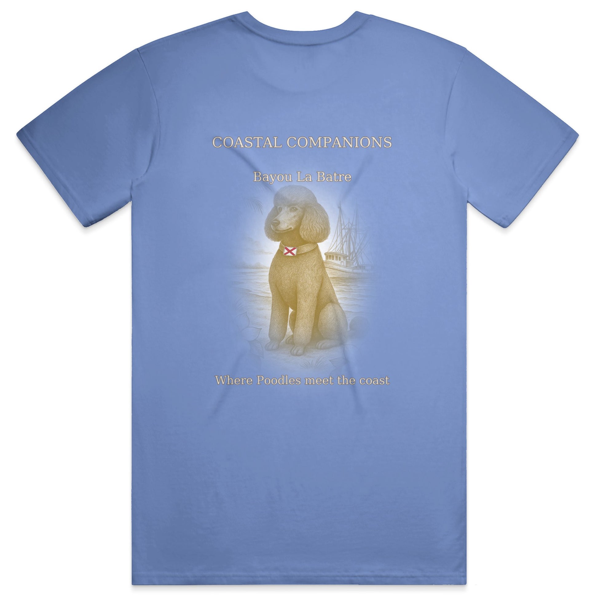 Light blue heavyweight T-shirt with Coastal Companions design featuring a poodle and Bayou La Batre text.