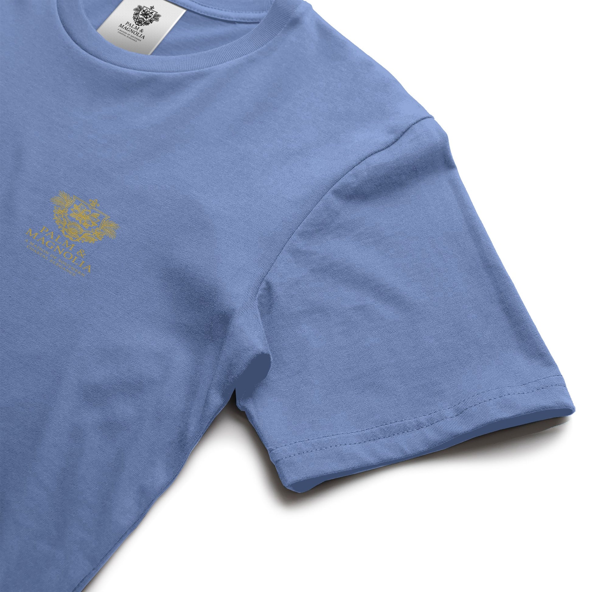 Blue heavyweight Comfort Colors T-shirt with gold Bayou La Batre logo on chest.