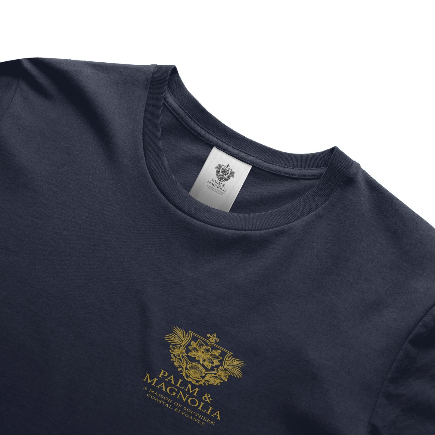 Navy heavyweight T-shirt with gold Coastal Companions Bayou La Batre emblem.