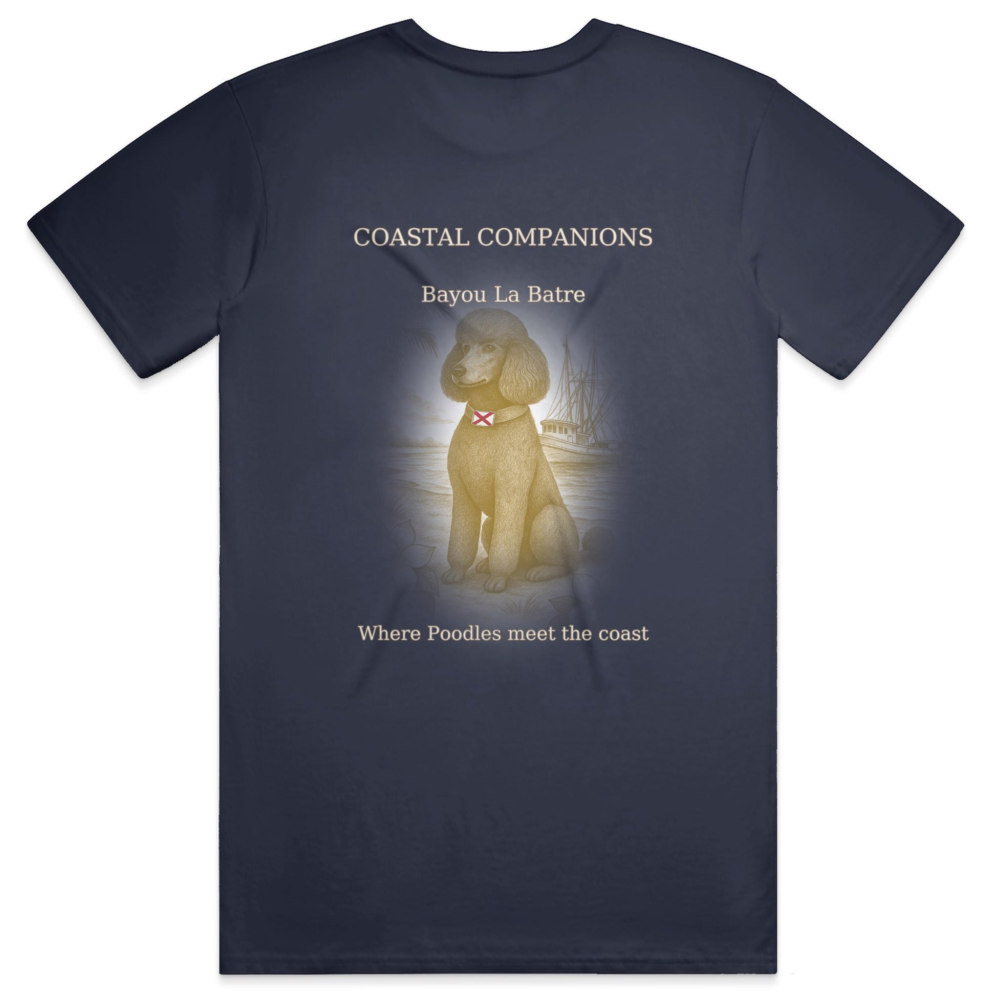 Navy heavyweight T-shirt with Coastal Companions poodle graphic and Bayou La Batre text.